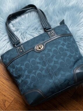 Coach Teal Signature Canvas Tote with Leather Trim